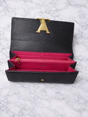 Louis Vuitton Black Wallet with Pink Interior and Gold Hardware